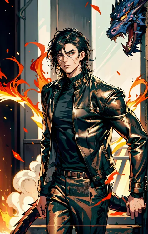 A young man, dark blue short hair, long bangs covering half of his face, sharp eyes, a long scar on his face, an expression of discontent, a fantasy-realistic style leather jacket over a dark undershirt, trousers that matching the outfit, black fire swirli...