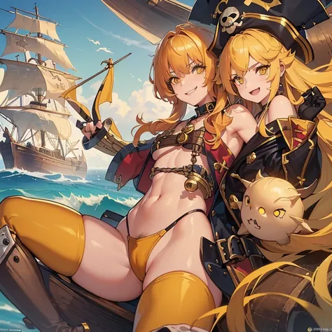 ((1 female pirate monster, bare chest, a shell stuck to her pussy)),((medium breasts)),((very large pubic hair)),((big yellow hair)),((yellow eyes, smile)) ,((facing the viewer)),((on a pirate ship, at sea during the day)),