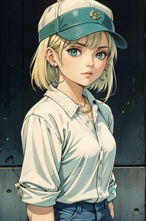 puparia style, anime screencap, 1990s_(style), masterpiece, best quality, 1girl, aqua eyes, baseball cap, blonde hair, closed mouth, earrings, green background, hat, hoop earrings, jewelry, looking at viewer, shirt, short hair, simple background, solo, upp...