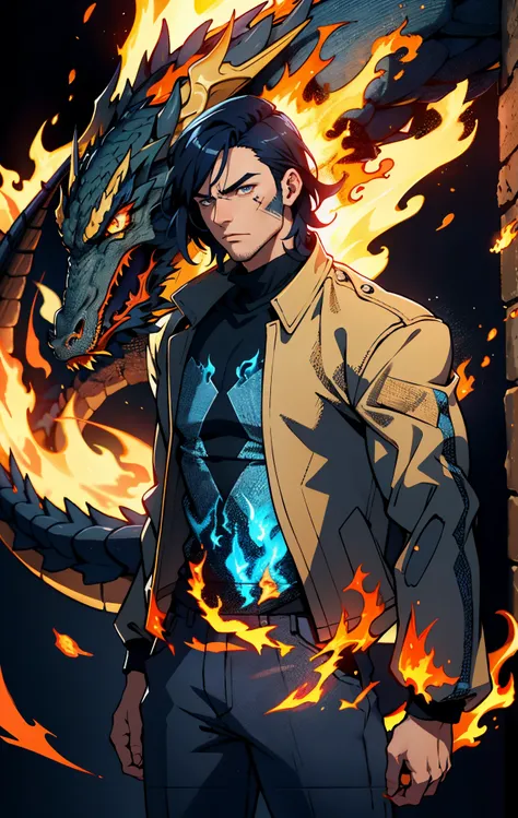 A young man, dark blue short hair, long bangs covering half of his face, sharp eyes, a long scar on his face, an expression of discontent, a fantasy-realistic style leather jacket over a dark undershirt, trousers that matching the outfit, black fire swirli...