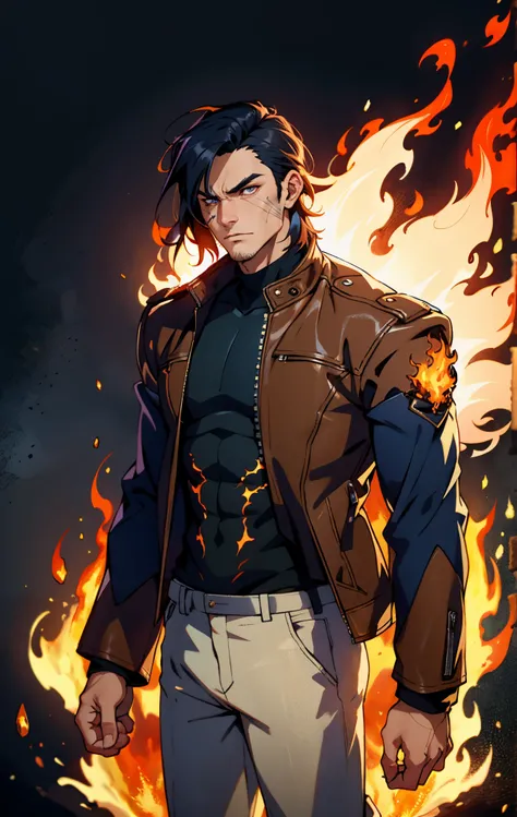 A young man, dark blue short hair, long bangs covering half of his face, sharp eyes, a long scar on his face, an expression of discontent, a fantasy-realistic style leather jacket over a dark undershirt, trousers that matching the outfit, black fire swirli...