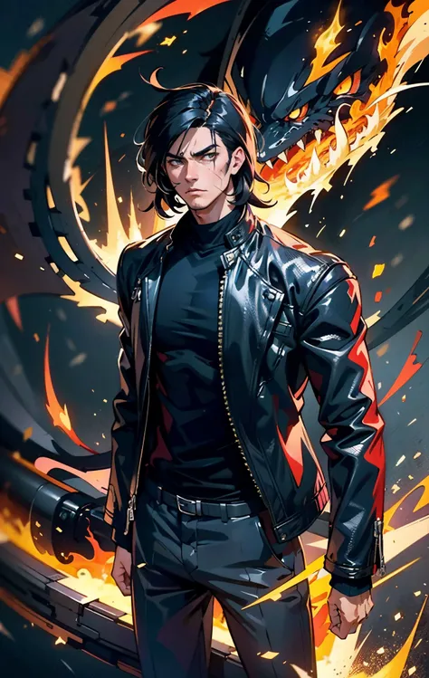 A young man, dark blue short hair, long bangs covering half of his face, sharp eyes, a long scar on his face, an expression of discontent, a fantasy-realistic style leather jacket over a dark undershirt, trousers that matching the outfit, black fire swirli...