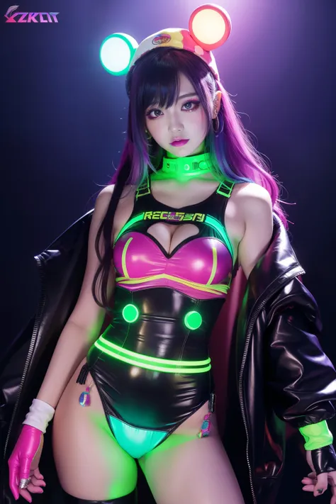 Cyberpunk Female Idol、full body Esbian、、cyberpunk clown fashion（Leotard style）、Clown hat、colorful fluorescent colors、Luminescent