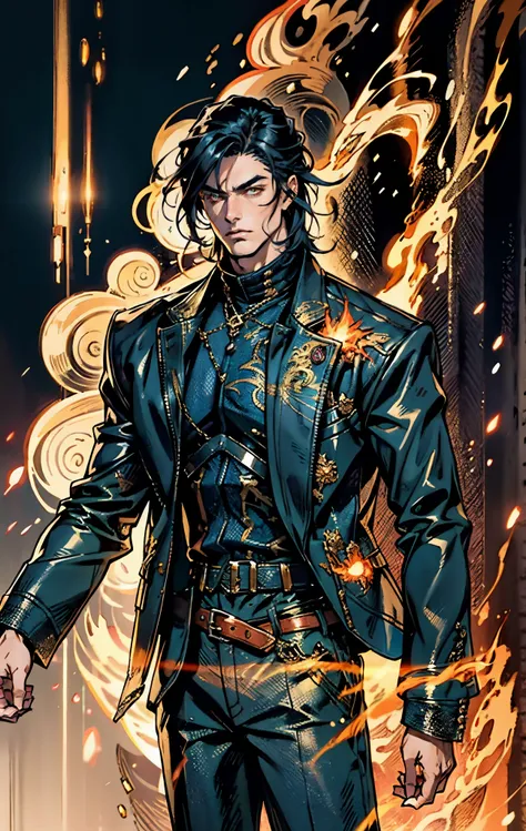 A young man, dark blue short hair, long bangs covering half of his face, sharp eyes, a long scar on his face, an expression of discontent, a fantasy-realistic style leather jacket over a dark undershirt, trousers that matching the outfit, black fire swirli...