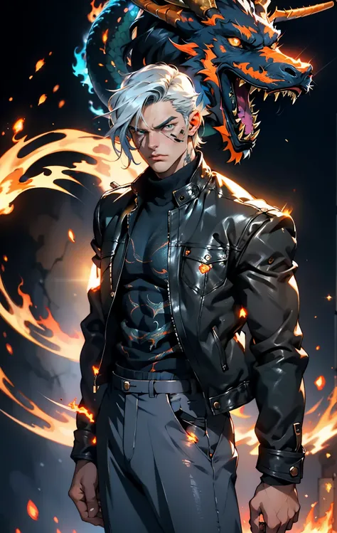 A young man, dark blue short hair, long bangs covering half of his face, sharp eyes, a long scar on his face, an expression of discontent, a fantasy-realistic style leather jacket over a dark undershirt, trousers that matching the outfit, black fire swirli...