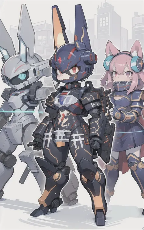 Cartoon image of robot rabbit holding gun, mecha cyber armor, Cool mech style, Mecha suit, Full robot full body mecha suit, cyber fight armor, wearing cyber armor, anime mecha armor, Purple armor, Complex assassin mecha, Mecha Inspiration, Trio, three role...