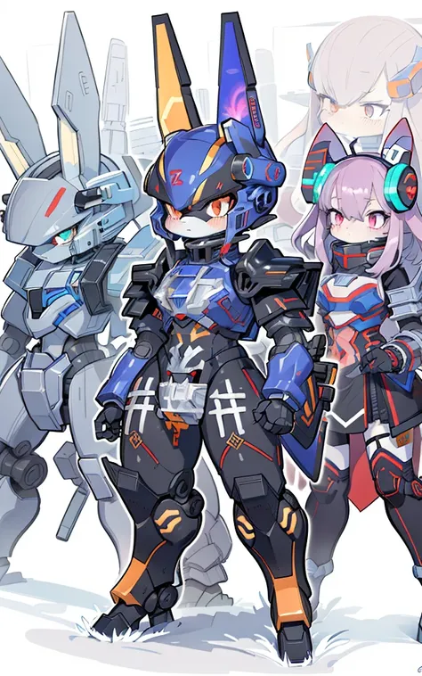 Cartoon image of robot rabbit holding gun, mecha cyber armor, Cool mech style, mechasuit, Full robot full body mecha suit, cyber fight armor, wearing cyber armor, anime mecha armor, Purple armor, Complex assassin mecha, Mecha Inspiration, Trio, three roles...