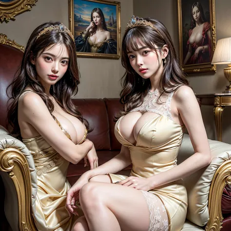 (2girls:1.3), princess, long hair, passionate, (extremely detailed beautiful face), (Beautiful girl in a princess dress:1.5), (lace dress:1.4), Amazing face and eyes, (The sexiest look), (Best Quality:1.4), (hyper quality), (Ultra-detailed), (extremely det...