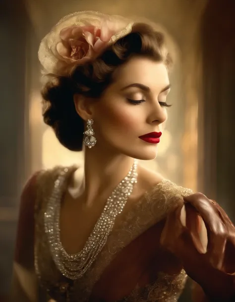 (Masterpiece) portrait of a insanely beautiful Coco Chanel model in 1940s, beautiful painting with highly detailed face by Alphonse Mucha, Craig Mullins, Greg Rutkowski, magali villanueve, (the most beautiful portrait in the world:1.5), in the style of shi...