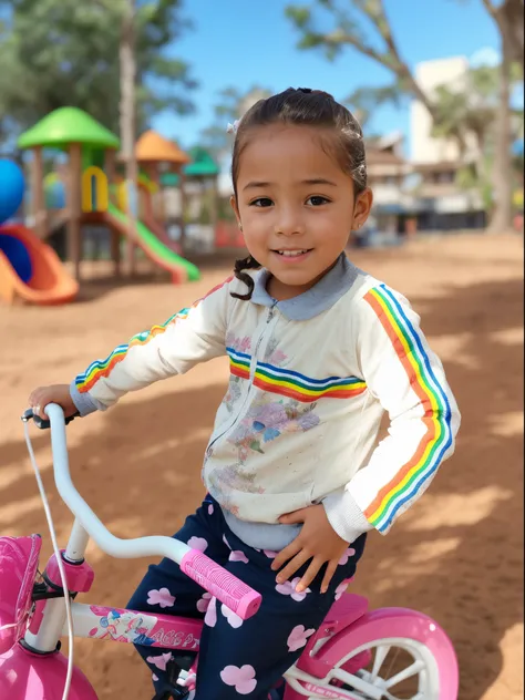 plowed child on a pink bicycle on a playground, Beautiful image, no parque, Rapariga, menina feliz, Foto realista, menina jovem bonito, Beautiful girl, Bautiful, olhar alegre, em um parque, Directed by: Nandor Soldier, andar de bicicleta, cabrito, Directed...