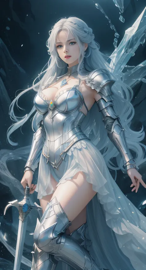 tmasterpiece，Highest image quality，，Beautiful female knight full body portrait，Exquisite light blue braid hairstyle，Clear  eyes，The sword，armour，High-heeled boots，crystal，Ultra-detailed details，advanced。At the Pixiv Art Station，Break your own power，Luigi，B...