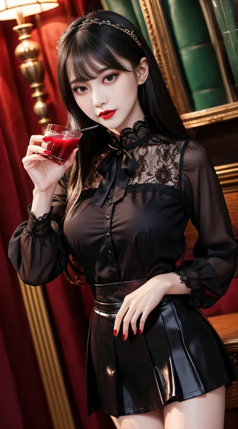 Charming beauties、校服、blouse、pleatedskirt、Evil Female Executive、Evil Fall、dark、brainwash、panthyhose、lacy fabric、Glossy legs、Red lipstick、Evil look、Suspicious look、Hollow eyes、darkened room、Night、wicked、Drink liquids、seductiv