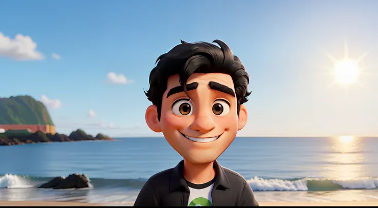 Um homem, 30-year-old appearance with all black hair smiling. Ambiente na praia, watching the sun set. Imagem tipo Disney