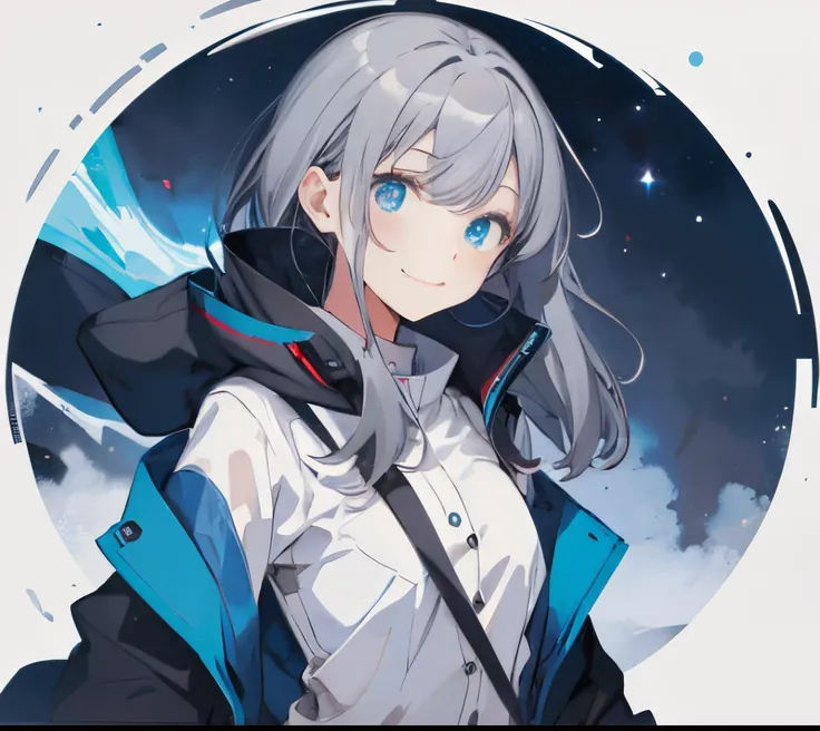 (masutepiece:1.2, Best Quality),  [girl, Manteau, expressioness, Turquoise eyes, front facing, jet-black hair, Jacket comes off, Upper body] (Gray white background:1.7), (night sky background:1.3), smile elegantly,