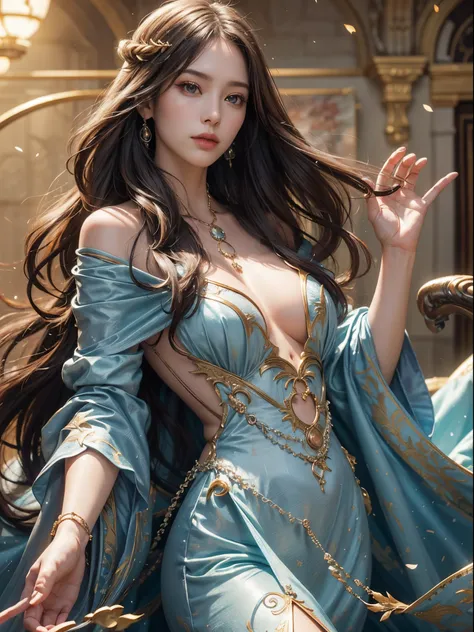 (Best quality at best,4K,8K,A high resolution,tmasterpiece:1.2),ultra - detailed,(actual,realisticlying,Photorealistic:1.37),sportrait,maam,closeup cleavage,silvercleavage dress,a blue dress,A detailed eye,detailed lips,art jem style,Fine art,beautiful arm...