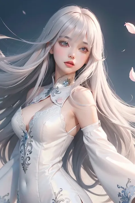 8K masterpiece superlative, anime woman, cold wind realistic portrait, sister, silver white long hair woman, long hair, light pink lips, calm and rational bangs, gray pupils, flower background, petals dancing, delicate face #SeaArt #digitalart #digitaldraw...