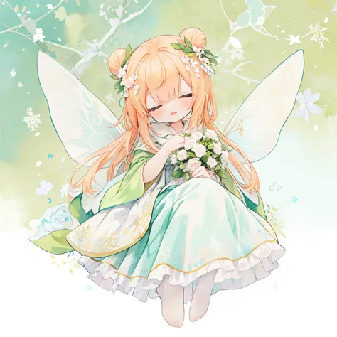 1girl in、(PastelColors:1.3)、(Cute illustration:1.3)、(watercolor paiting:1.1)、(Wearing large transparent fairy wings with polka dots。。。。。。：1.3),Close your eyes and smile、Falling from the sky,Head down, feet up, Orange hair,Blunt bangs,Beautiful offer,ultra ...