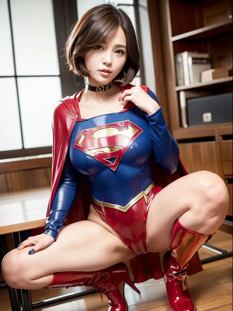 ​masterpiece,Short-haired supergirl spreading her thighs on a school desk、large full breasts、Looking at the camera、Glossy enamel costume、Glossy bright red enamel long boots、shiny red enamel skirt、a choker、Glimpse、Fluttering cloak、seduces、sexypose、shame、Ins...