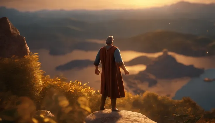 a pixa Disney cartoon of the biblical times apostle Paul, standing on an island looking in the sky, and a big golden heavenly city made of gold coming down from the sky, animation film, animated film still, rendered in corona, epic illumination, 3 d animat...