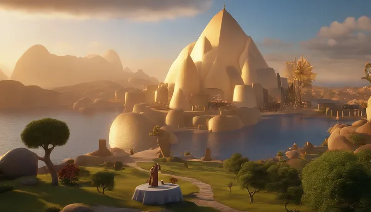 a pixa Disney cartoon of the biblical times apostle Paul, standing on an island looking in the sky, and a big golden heavenly city made of gold coming down from the sky, animation film, animated film still, rendered in corona, epic illumination, 3 d animat...