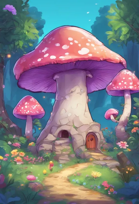 huge dark underground cave，Various purple mushrooms，There is a huge purple tree at the end of the cave，The roots spread all the way to the top，There is a huge object at the root of the tree，Creepy purple mushroom monster，There are various animal carcasses ...