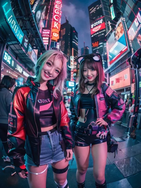 Cyberpunk style girl in colorful Harajuku costume, Accompanied by another girl. Both of them had disheveled hair、Laugh and laugh. Shooting with a fisheye lens, Perspective distortion. In the background、It depicts a bustling cyberpunk cityscape, With neon l...