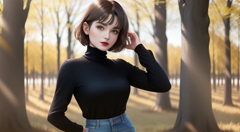 1girl, (((solo)))), ( short brown hair, happy, lipstick, wearing black wool blouse with turtleneck, wearing jeans, serious look: 1.15), masterpiece, body model osculptural, spring afternoon, open field, soft warm light, trees blowing in the wind, looking f...