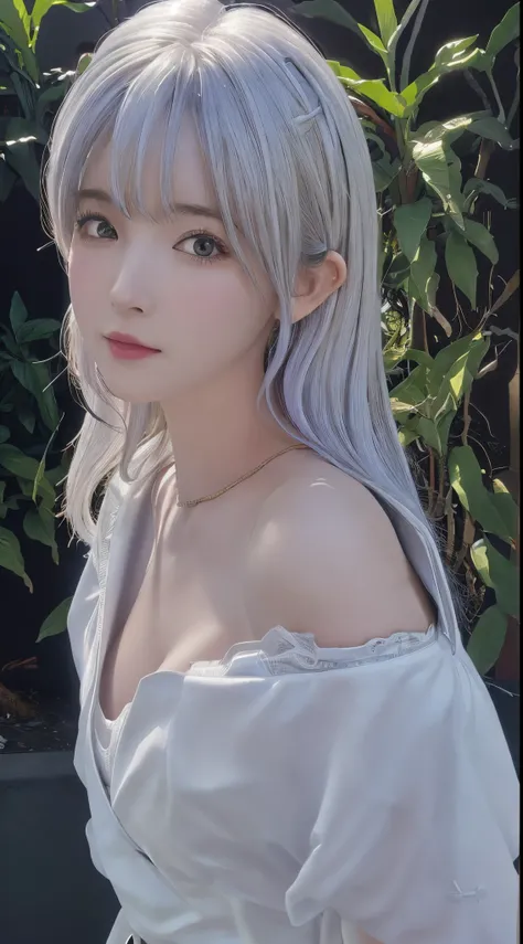 (masseter membrane:1.3)、(8K、真实感、Original photography、top-quality: 1.4)、(1 girl in)、Beautiful face、(lifelike face)、(White hair、Medium hair:1.3)、Beautiful hairstyle、photorealistic eye、beautifuldetails、（real looking skin）、Beautiful skins、（花魁）、Huang Li、Cleavag...