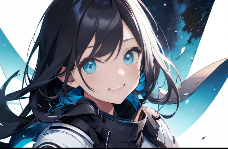 (masutepiece:1.2, Best Quality),1 girl in, Turquoise eyes, front facing, jet-black hair, Jacket (Gray white background:1.4), (night sky background:1.3), smile elegantly,