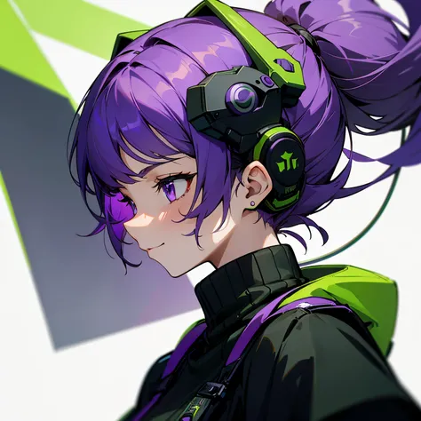 1 woman, 1 purple-haired woman, the womans hair is purple on the outside and dark green on the inside, the woman has purple eyes, the woman is wearing a long-sleeved sweater with a turtleneck, the womans sweater is colored black.  black military sweater, s...