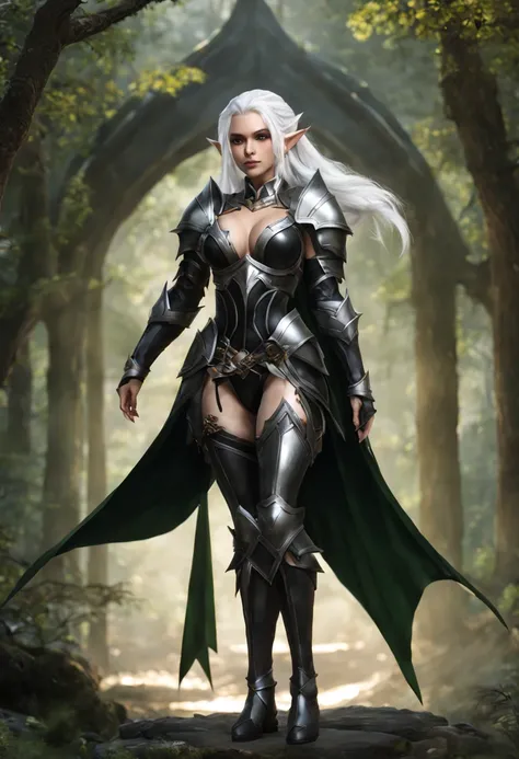 An Elf female with white hair, wearing black full armor, large breasts, full body pose,