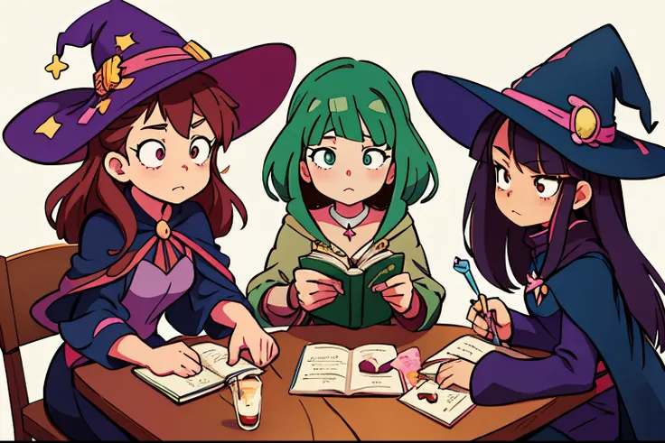 three girls sitting at a table with books and a cup of coffee, witch academia, little witch academia, witches, anime party of friend of wisdom, roleplaying, official fanart, casting spells, mages, flirty anime witch casting magic, ddlc, 2 d anime style, ma...