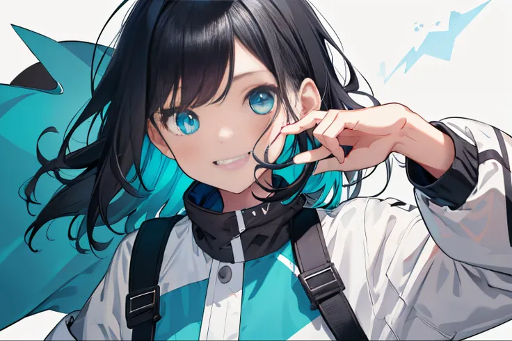 【Highest Quality, masutepiece】,Manteau, expressioness, front facing,1 girl in, Turquoise eyes,  jet-black hair, Jacket (Gray white background:1.4), (night sky background:1.3), smile elegantly,