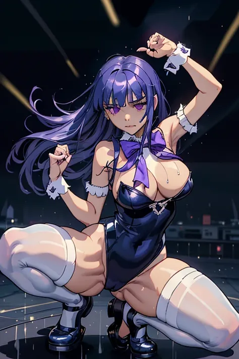 (masterpiece),best quality, frederica bernkastel,dress,  tail bow, cat tail, bowtie, purple eyes, purple hair,mary janes,  socks,  blank eyes, empty eyes,  (raining day:1.2), ((Tight leotard)), ((sexy pose)), ((Wrestling ring)), (Big tits), (Wide hips), we...