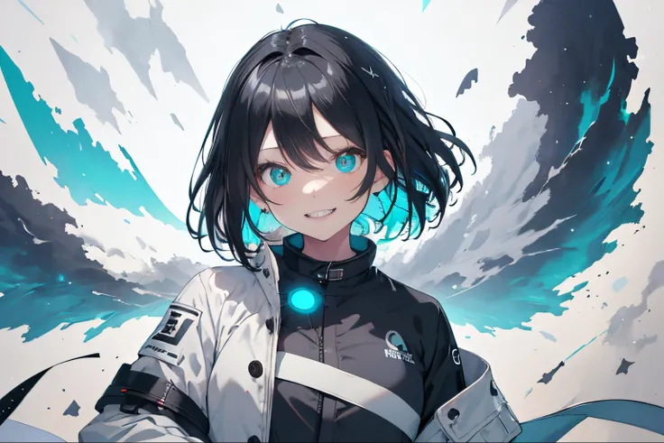 【Highest Quality, masutepiece】,Manteau, expressioness, front facing,1 girl in, Turquoise eyes,  jet-black hair, Jacket (Gray white background:1.4), (night sky background:1.3), smile elegantly,