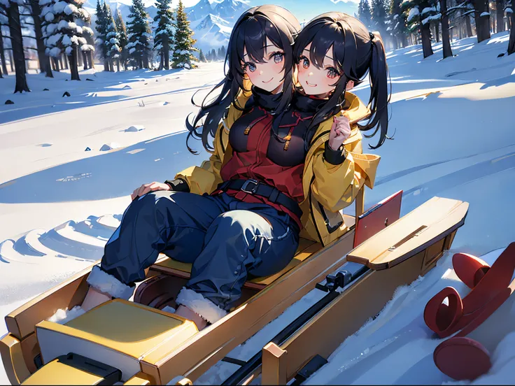 (masterpiece, best quality), best resolution, (2heads:1.5), 1girl, joyful, riding a sled down a snow mountain, colorful winter coat, snow pants, snowy mountain, forest in the distance, sunny day of winter