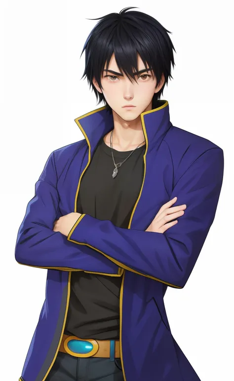 anime teen guy with black hair and blue jacket with arms crossed,