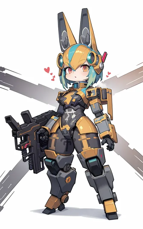 Cartoon image of robot rabbit holding gun, The hair is green, The breasts are pink, Rounded chest, mecha cyber armor, gear wheel, Rich steampunk themes, steam engine, Cool mech style, Mecha suit, Full robot full body mecha suit, wearing cyber armor, anime ...