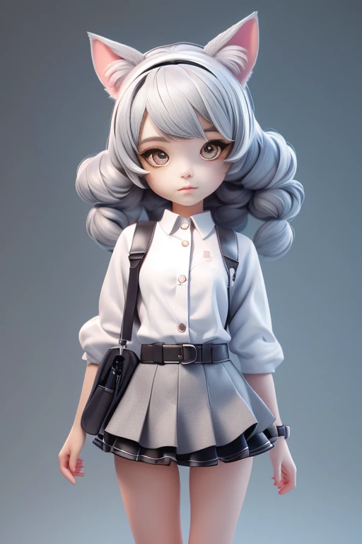 (tmasterpiece, Best quality, A high resolution: 1.2), 1 girl, Alone, dual horsetail, Has gray eyes, Upper part of the body, a skirt, silber hair, Cat ears