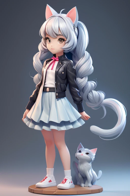 (tmasterpiece, Best quality, A high resolution: 1.2), 1 girl, Alone, dual horsetail, Has gray eyes, Upper part of the body, a skirt, silber hair, Cat ears