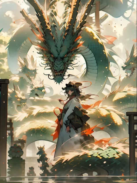 Chinese Dragon, shenron, letterbox, Holding, Outdoors, Bird, Standing, cloud, 1girl in, arma, from behind, skyporn, Cloudy sky, animal, holding weapon, eastern dragon, Kaiju, 1other, hat, Fog