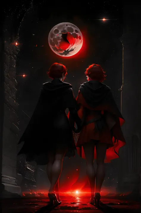 reddish、Viola、an orange、(Women and men, Black short hair, red cloak) ,Night, from behind, Holding hands,Moon Night