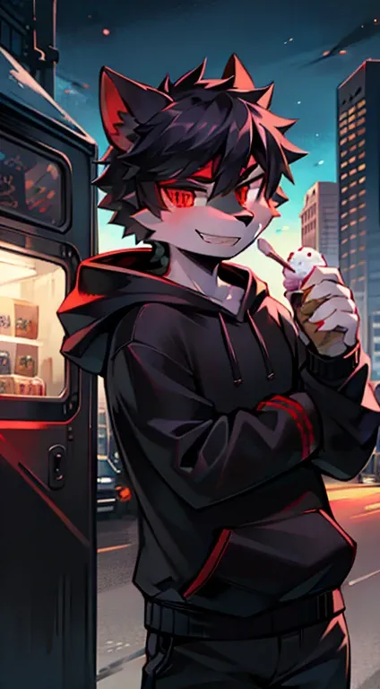 Alone, beast wild, Gay men, Black hair, red eyes, , Wear a black hoodie, Wear black pants, look at a camera, smiling with teeth, Grab ice cream with right hand, Standing in front of the ice cream truck, Park and city background, midnight death stare