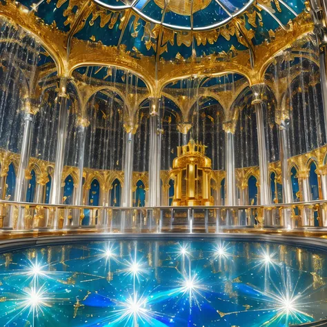 water fountains, water mists, colorful shining jewels rain down, super high quality, 8k, RAW photo, realistic, detailed and delicate depiction and flashy and dynamic painting method, fantastic depiction, kaleidoscope, water fountain of medieval architectur...