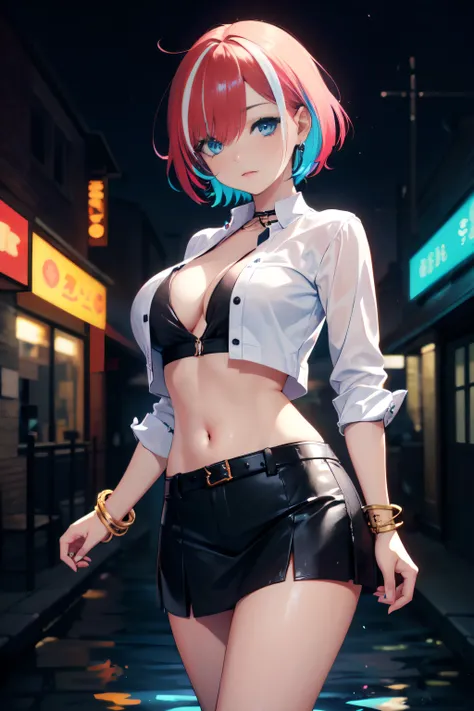 ((masterpiece, best quality)), ((1girl)), ((blue eyes, highly detailed eyes, bright eyes, beautiful eyes)) ((short hair, bangs covering one eye, shiny hair)), ((deadpan)), ((white armored shirt, navel, short skirt, bracelet, piercings)), ((dark wallpaper, ...