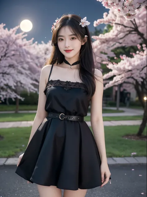 tmasterpiece, Best quality at best, Detailed pubic hair, 1 plump girl, Alone, nigh sky, Outdoor sports, moon full, As estrelas, ​​clouds, natta,,  Dark cherry blossoms, (Black dress), Long gray hair, evilsmile, Red belt, There are striped ones, upper legs