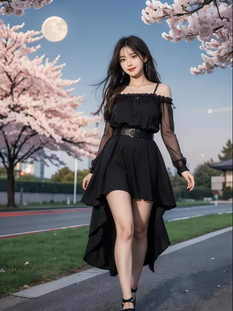 tmasterpiece, Best quality at best, Detailed pubic hair, 1 plump girl, Alone, nigh sky, Outdoor sports, moon full, As estrelas, ​​clouds, natta,,  Dark cherry blossoms, (Black dress), Long gray hair, evilsmile, Red belt, There are striped ones, upper legs