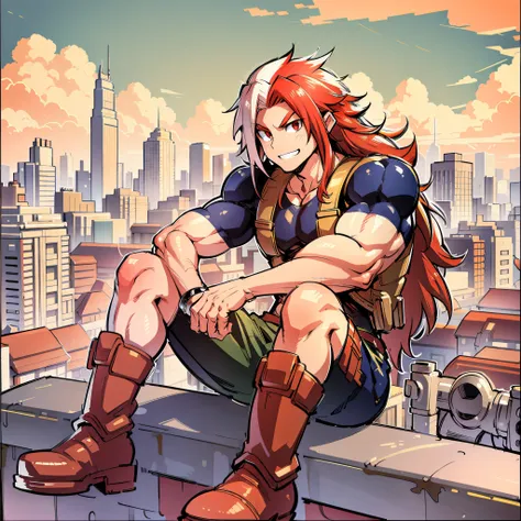 pale masculine man, muscular burly build, long frizzy red and white hair, well-drawn red eyes, subtle grin, tank top, brown boot...