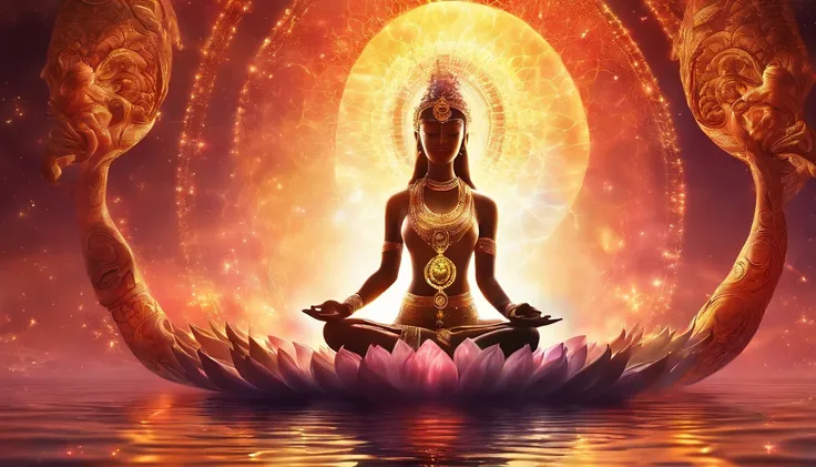 Brilliant light, Yoga location There are 7 chakras around the light spectrum, Vibrante Colorsa Colorslashh Explosion of Colors, Beautiful woman in white dressed sitting on a water lily, complex stuff around, Complicated in the background, spiritual, sacred...