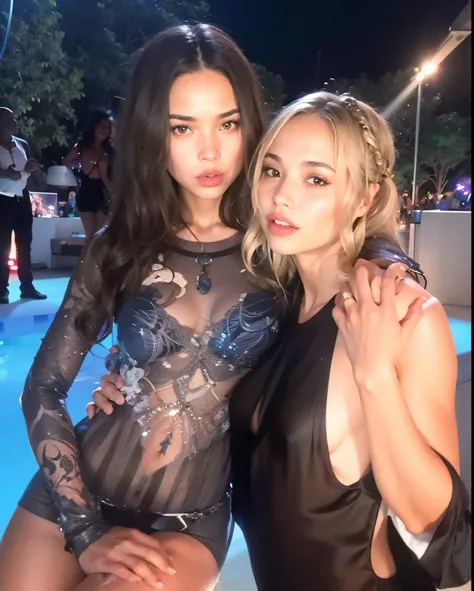 Dos mujeres posando para una foto en una piscina por la noche, Noche de verano, Dos modelos en el marco, Ruan Jia y Mandy Jurgens, foto de perfil, Noche de verano, Tiro muy cercano, con hiedra, Imagen filtrada, foto filtrada, JIA, tumblr, splendid, exclusi...